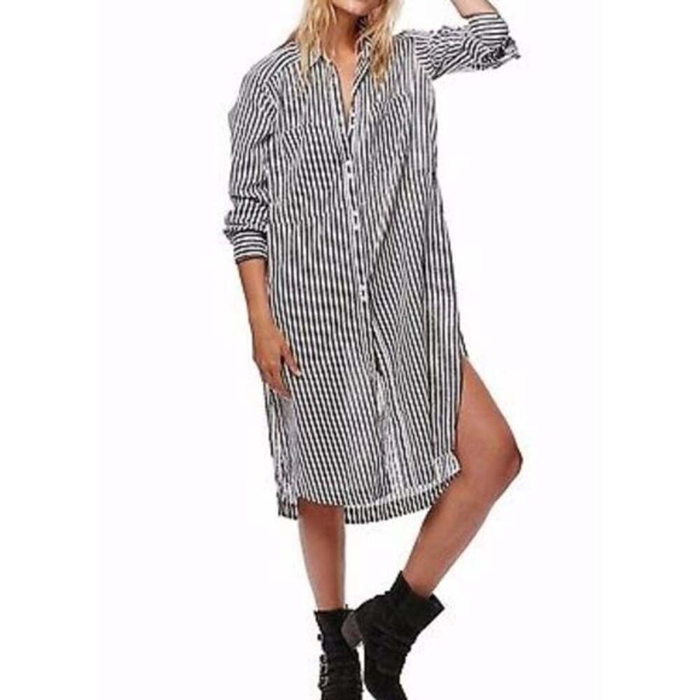 Free People Black and White Striped Long Sleeve Button Down Midi Shirtdress Size